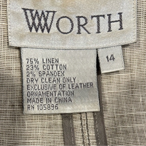 Worth Tan Linen and Leather Button Front Three Quarter Sleeve Blazer Jacket, 14 - Picture 5 of 7